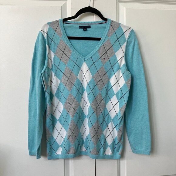 Y2K Tommy Hilfiger Sweater Womens L Prep Academia V-neck Argyle Cotton Knit - Picture 1 of 6